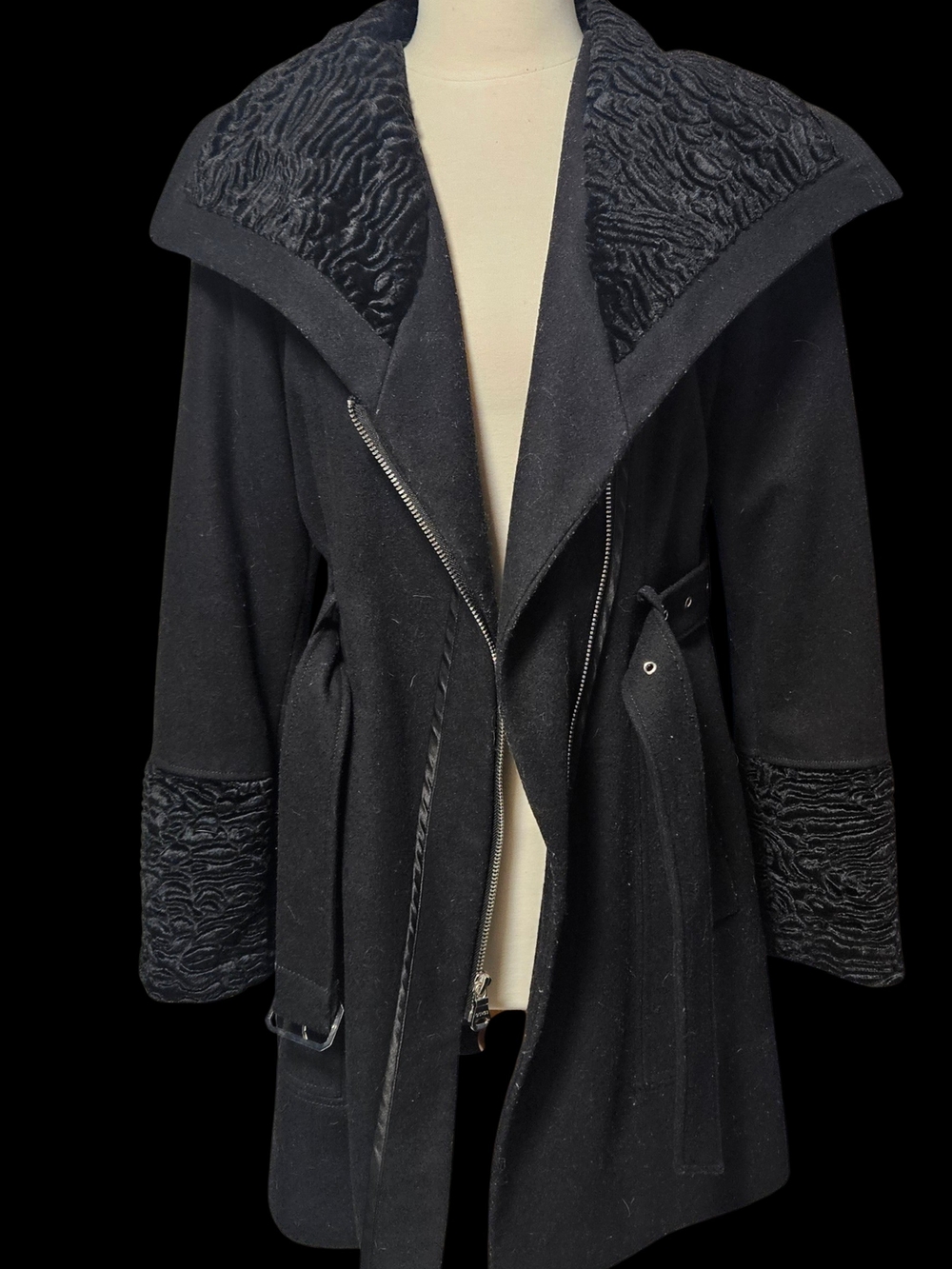 Guess Black Wool Belted Trench Coat with Velvety Textured Trim